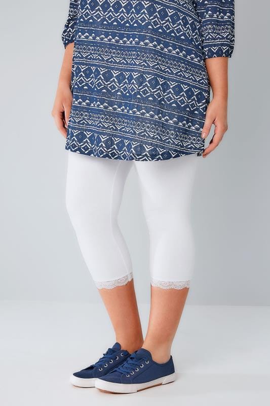 White Cotton Elastane Crop Legging With Lace Detail Plus Size 16 to 32