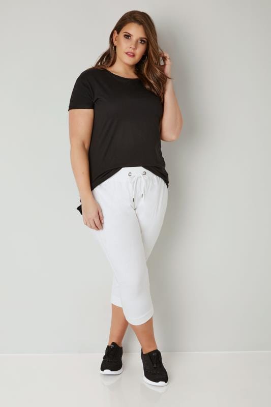 White Cropped Joggers With Elasticated Waistband, plus size 16 to 36