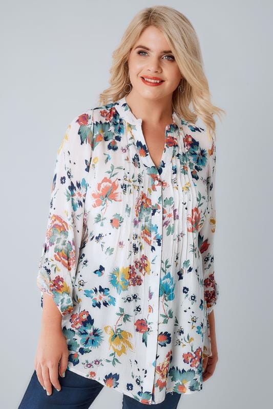White & Multi Floral Pintuck Longline Blouse With Sequin Detail, Plus ...