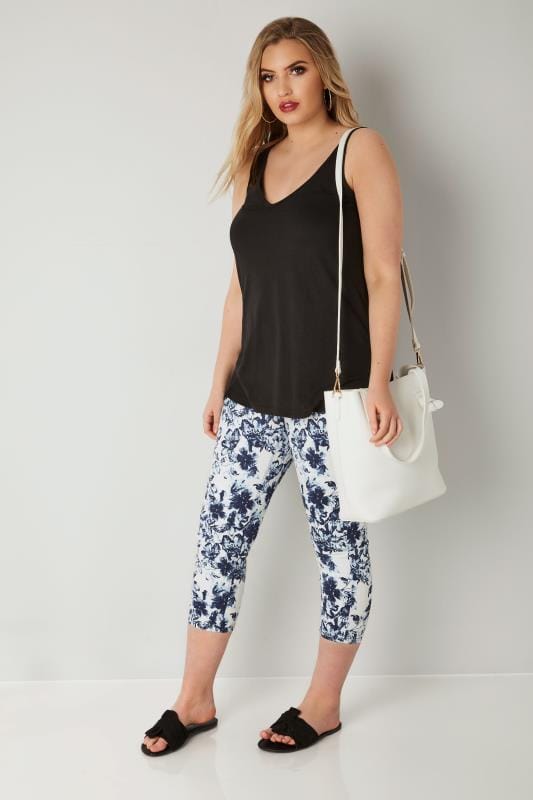 White Amp Navy Blue Floral Print Cropped Jenny Jeggings