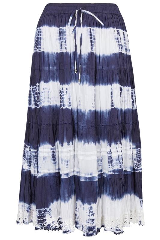 White & Navy Tye Dye Tiered Maxi Skirt With Lace Trim Hem ...
