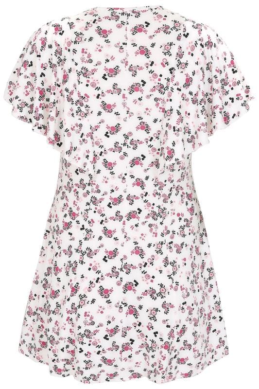 White & Pink Ditsy Floral Peplum Top With Frill Angel 