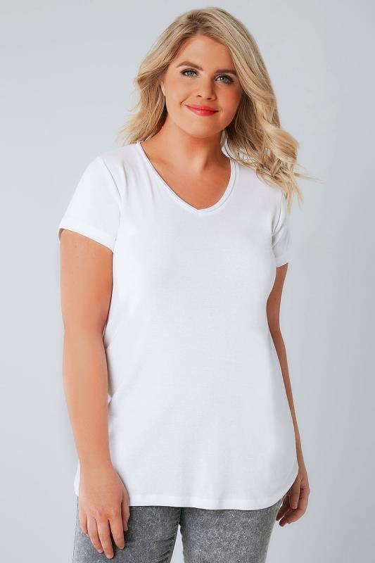  White  Short Sleeved V Neck Basic T Shirt  Plus  Size  16 to 36