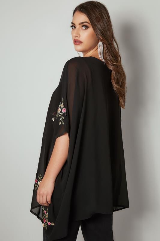 YOURS LONDON Black Floral Embroidered Chiffon Cape Top, Plus size 16 to 32