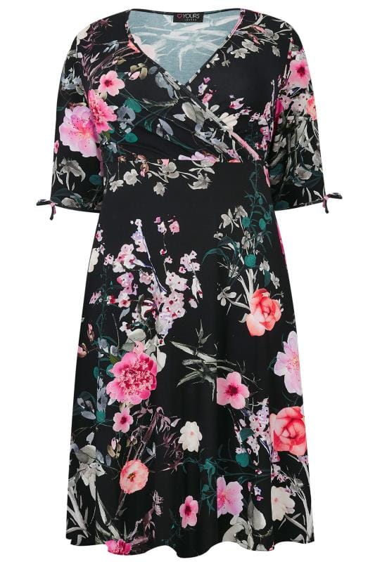 YOURS LONDON Black Floral Wrap Dress With Tie Sleeves, Plus size 16 to 32