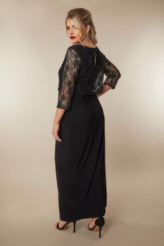 Black & Gold Maxi Lace Overlay Dress With Long Sleeves plus Size 16 to 32
