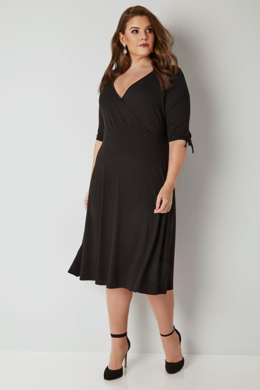 YOURS LONDON Black Wrap Dress With Tie Sleeves, Plus size 16 to 32