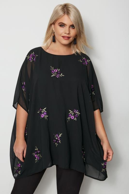 YOURS LONDON Black & Purple Floral Embroidered Cape Top, plus size 16 to 36
