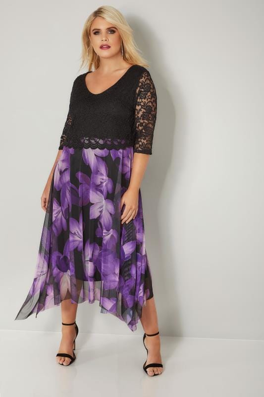 Yours London Black And Purple Floral Dress With Lace Overlay