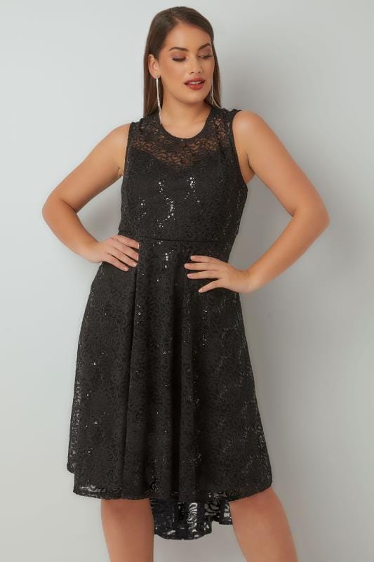 Black Sequin Embellished Dress With Curved Hem, Plus size 16 to 36