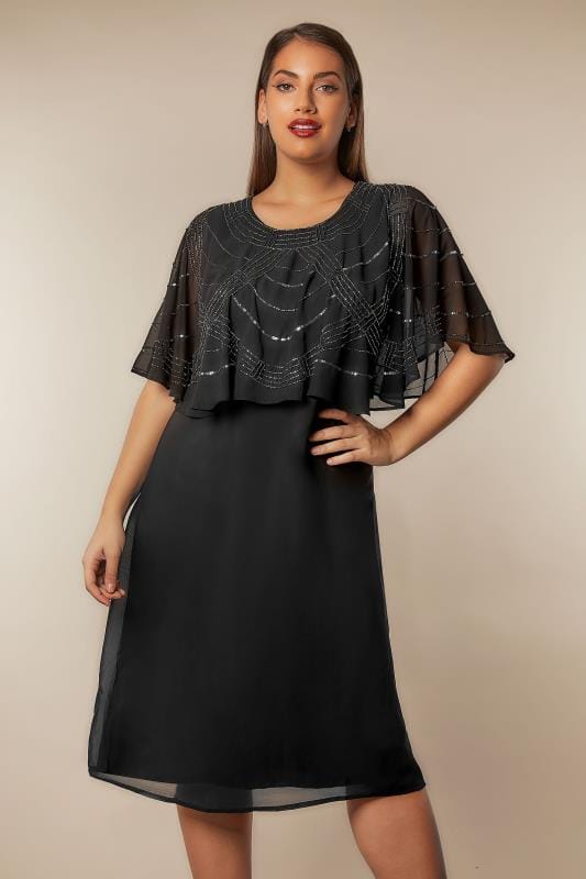 YOURS LONDON Black Sequin Embellished Cape Midi Dress, Plus size 16 to 32