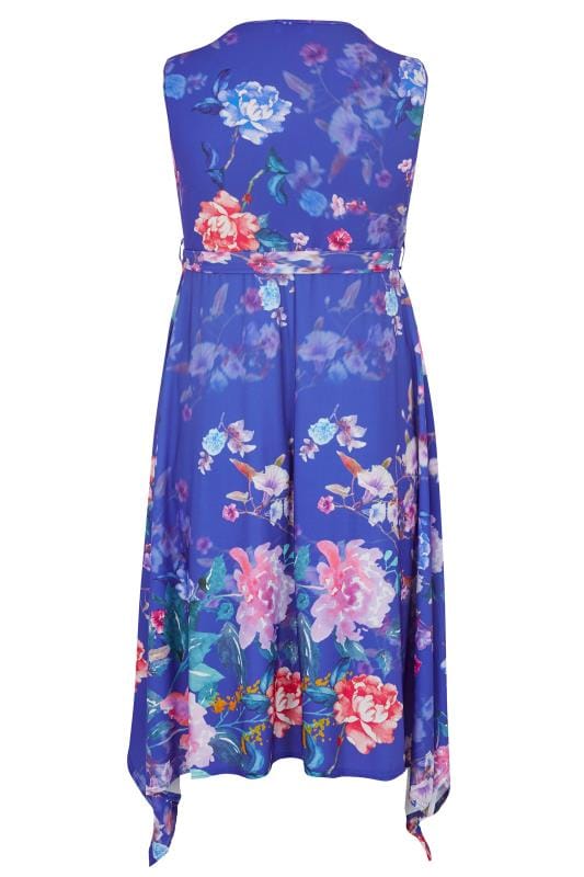 YOURS LONDON Blue Floral Wrap Dress With Hanky Hem, Plus size 16 to 32