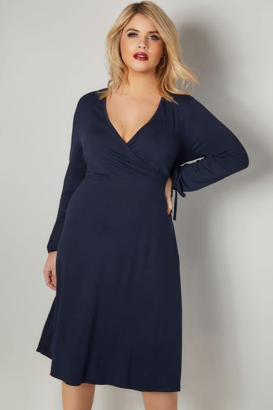 YOURS LONDON Navy Jersey Wrap Dress With Tie Sleeves, plus size 16 to 36