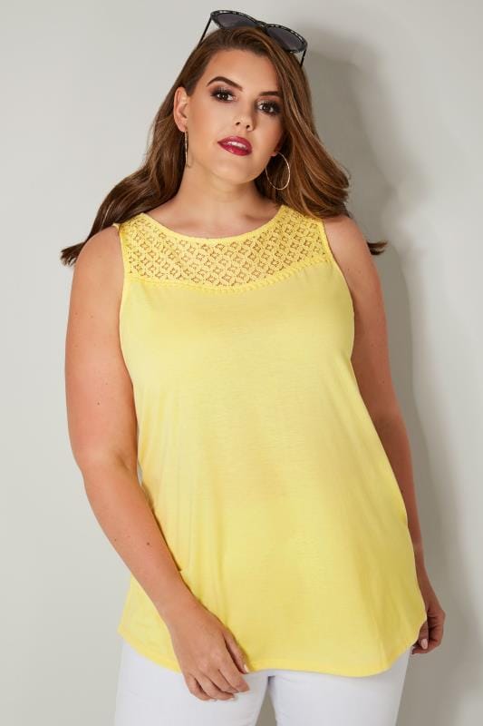 Yellow Sleeveless Top With Lace Yoke, Plus size 16 to 36