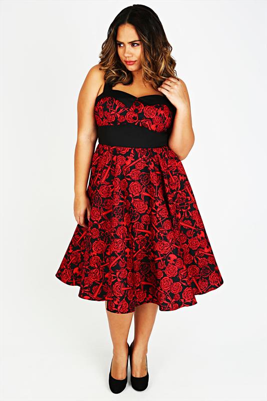 HELL BUNNY Red & Black Rose & Skull Print 50's Style Dress Plus size 14 ...