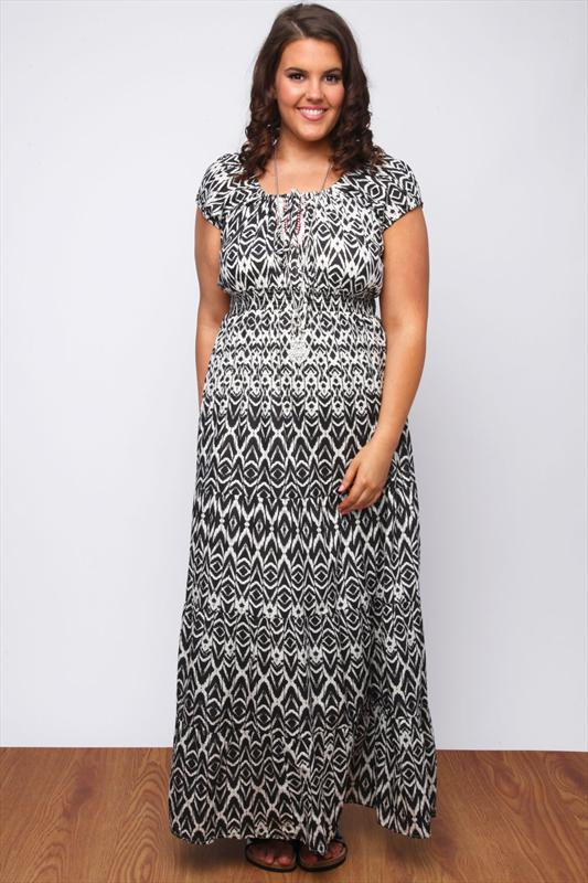 Black And White Aztec Print Beaded Gypsy Maxi Dress plus size 16,18,20 ...