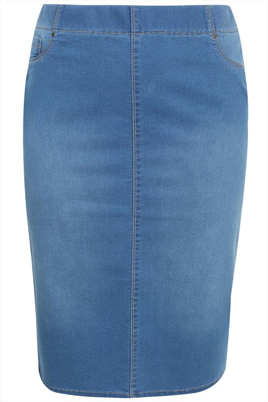 Mid Blue Denim Pull On Midi Pencil Skirt plus Size 16 to 28
