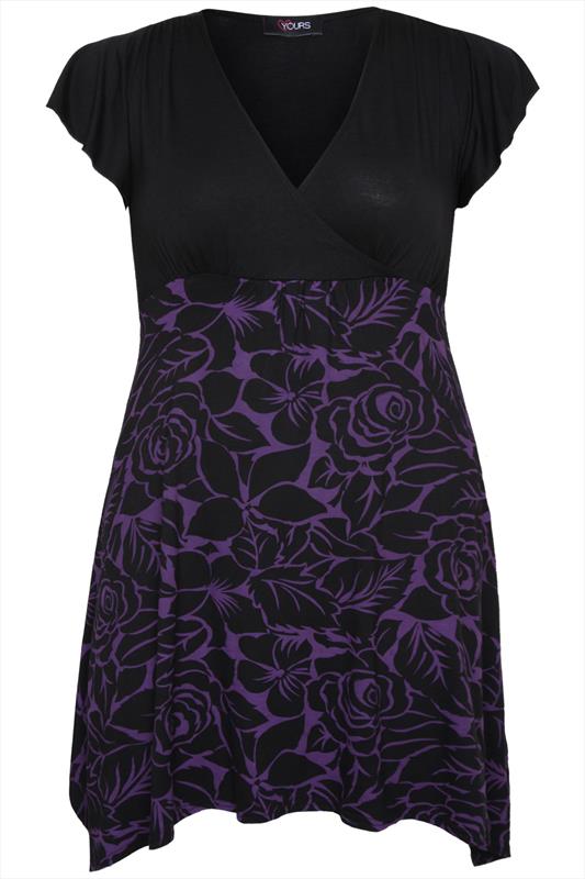 Purple And Black Rose Print Wrap Front Tunic With Hanky Hem plus size ...