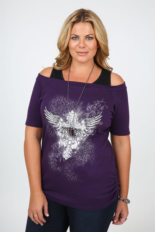 Purple And Black Foil Cross Print Bardot Top With 3/4 Sleeves plus size ...