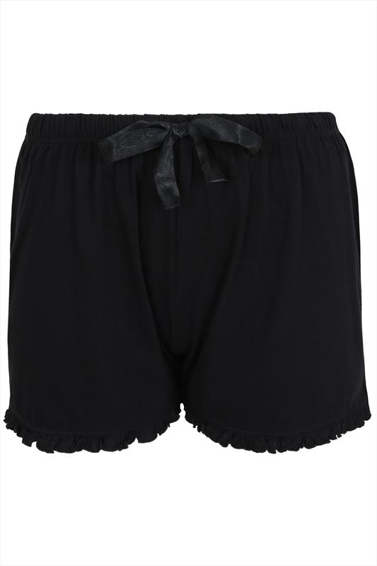 Black Cotton Pyjama Shorts With Frill Edge Plus Size 14 to 36