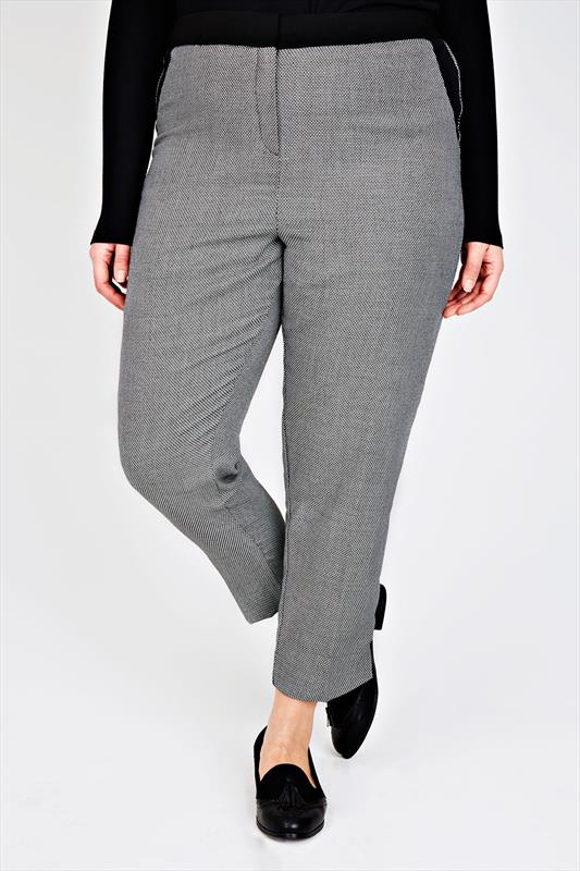 Black & White Patterned Slim Leg Trousers With Contrast Trim Plus Size