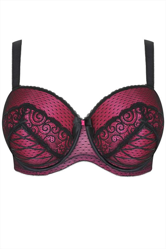 Hot Pink And Black Lace Up Detail Balconette Bra