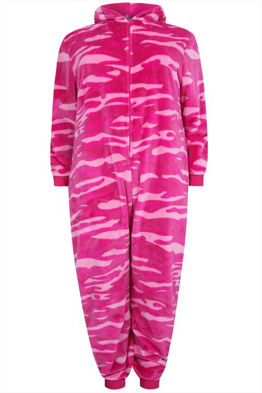 Pink Printed Fleece Onesie With Novelty Cat Hood Plus Size 14 to 36