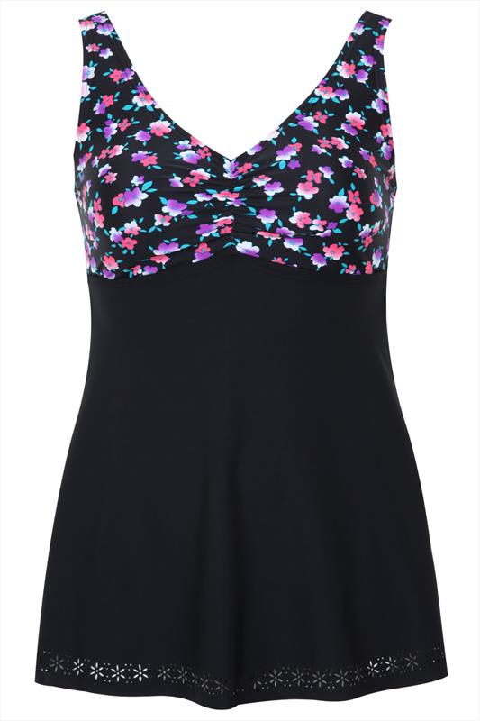 Black & Floral Print Swimdress With TUMMY CONTROL plus sizes 16,18,20 ...