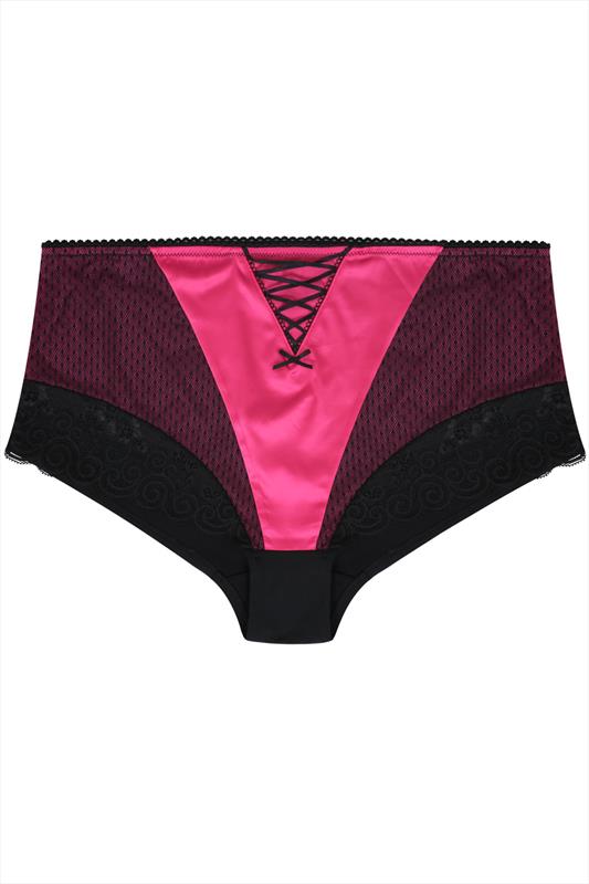Hot Pink & Black Lace Up Satin Briefs Plus Size 14 to 32