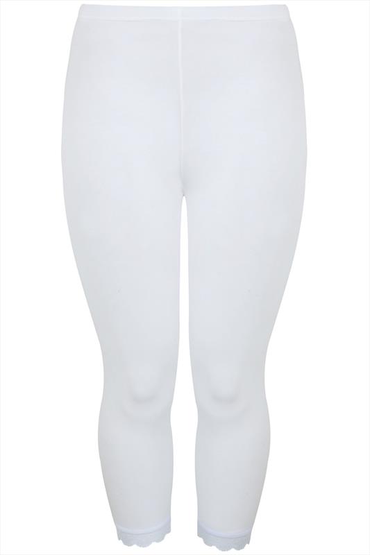 White Cotton Essential Cropped Leggings With Lace Detail Plus Size 16 to 32