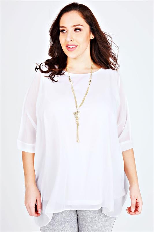 White Batwing Sleeve Chiffon Top With Necklace plus Size 16 to 32