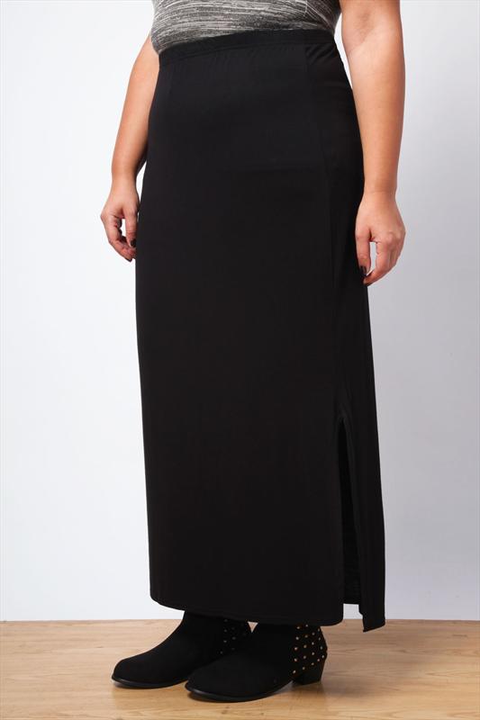Black Jersey Slimline Maxi Skirt With Side Split plus size 16,18,20,22 ...