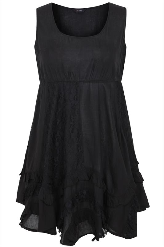 Black Sleeveless Tunic Dress With Lace Panels And Frill Trim plus size ...