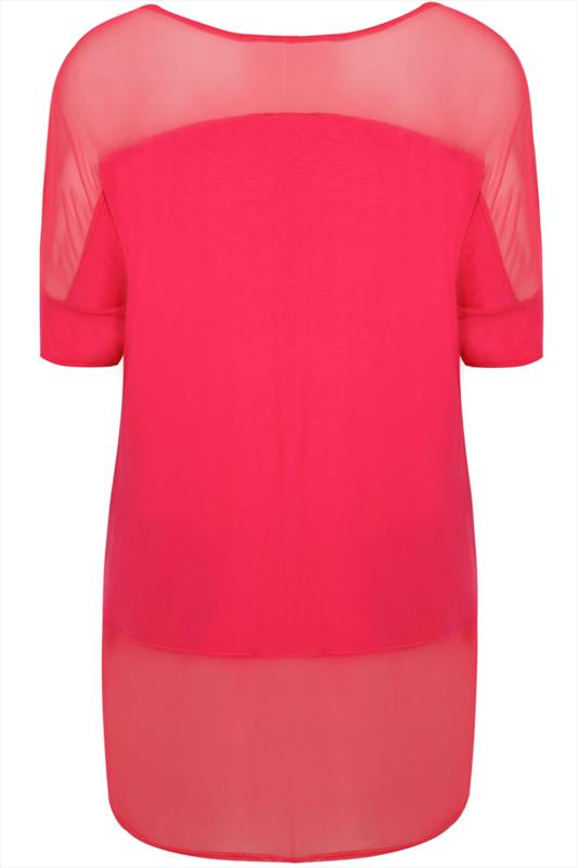 Hot Pink Longline Top With Sheer Panels And Dipped Hem Plus Size 16 to 32