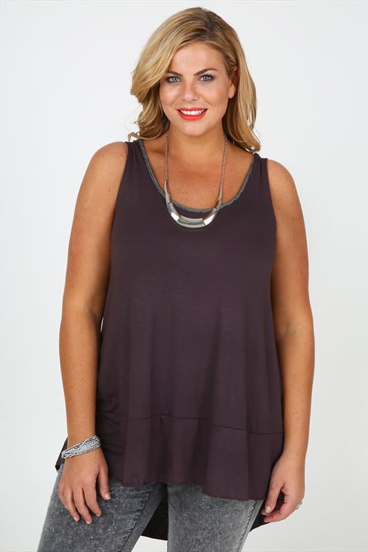 Dark Purple Vest Top With Silver Trim And Panelled Dipped Hem plus size ...