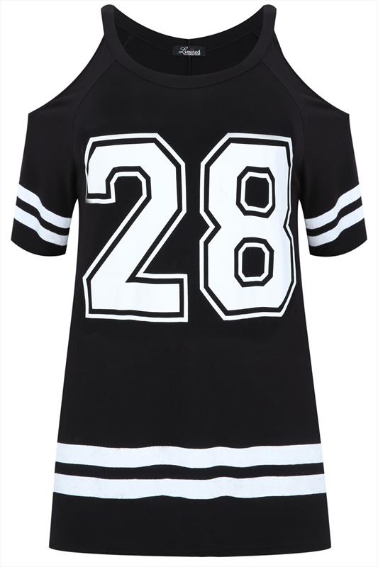Black & White Varsity '28' Print Cold Shoulder Top Plus Size 16 to 32