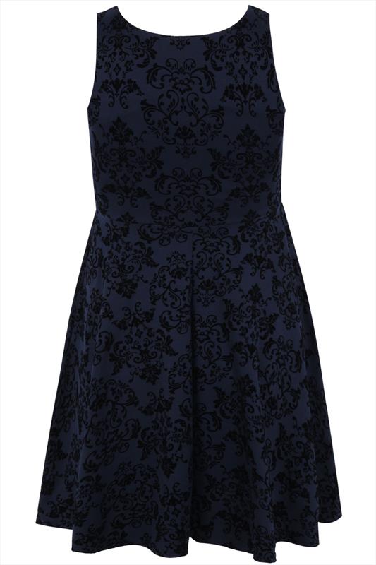 Navy & Black Flocked Skater Dress With Lace Up Front Plus size 14,16,18 ...