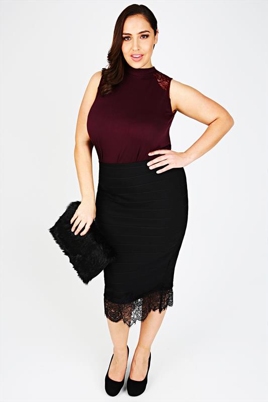 Black Ribbed Skirt With Lace Hem Plus Size 14 to 28