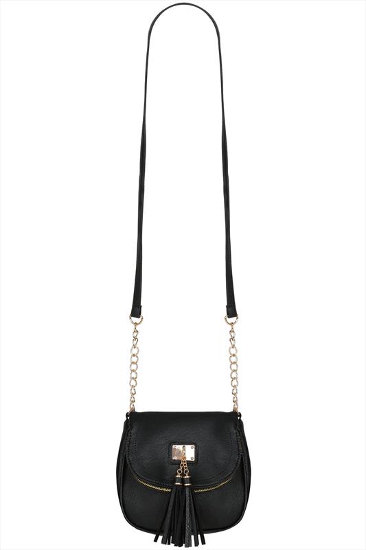 Black Faux Leather Tassel Trim Oval Bag With Body Strap