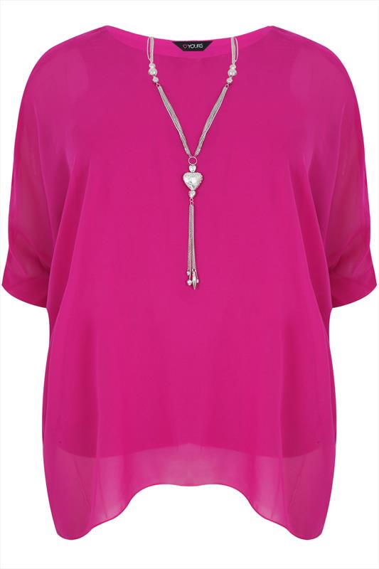 Pink Batwing Sleeve Chiffon Top With Necklace