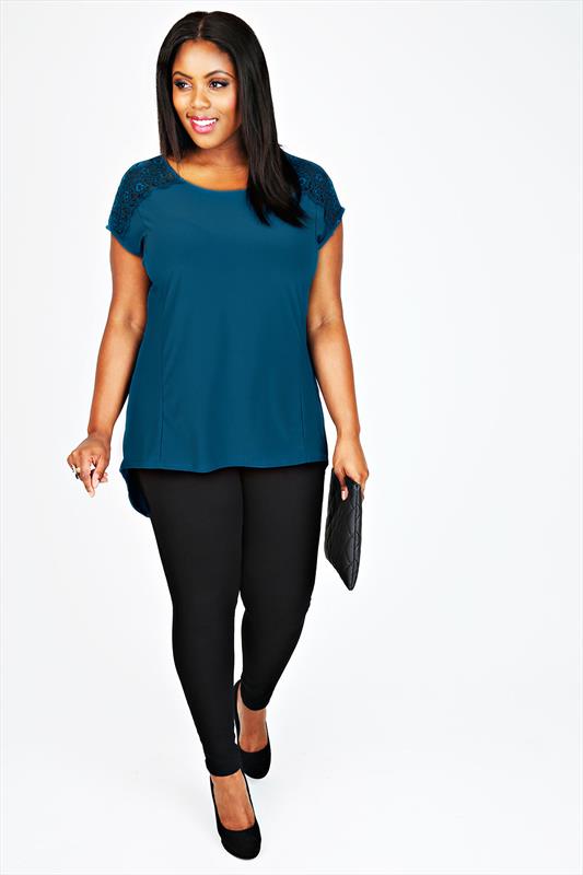 Teal Cowl Back Longline Top With Lace Shoulder Detail