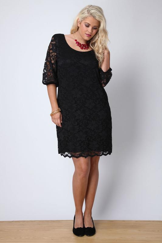 Black Scallop Lace Bellow Sleeve Shift Dress plus size 16,18,20,22,24 ...