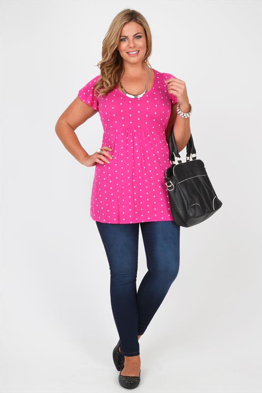 Hot Pink And White Polka Dot Longline Top With Frill Sleeves plus size ...