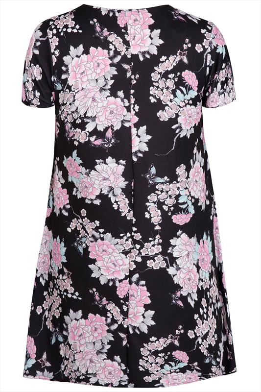 Black & Pink Oriental Floral Print Swing Dress plus Size 16 to 32