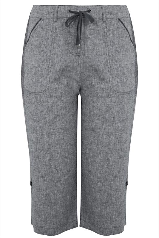 Grey Cross Dyed Cotton Linen Mix Cropped Pull On Trousers Plus Size 16 ...