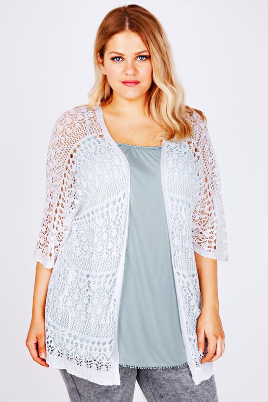 White Crochet Lace Short Sleeved Cardigan Plus Size 14 to 36