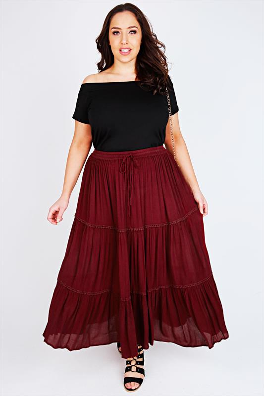 Brick Red Gypsy Maxi Skirt With Crochet Detail Plus Size 14 to 36