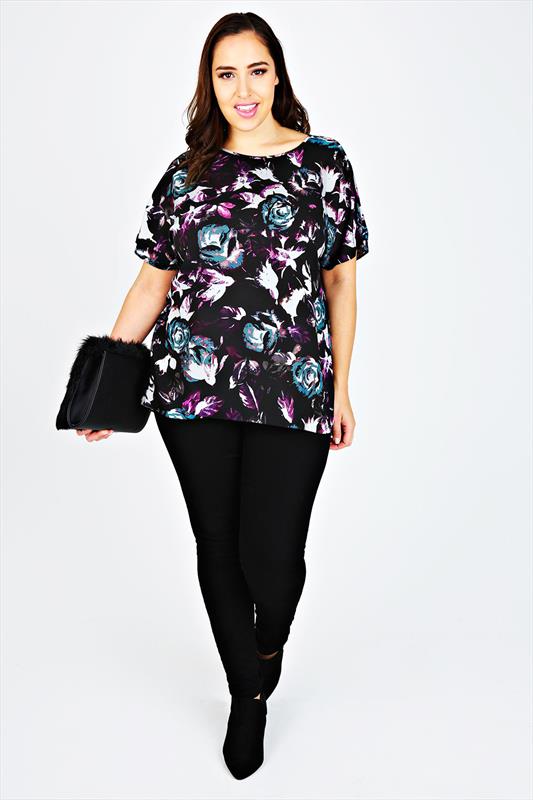 Rose Print Swing Blouse With Zip Back plus size 16,18,20,22,24,26,28,30,32