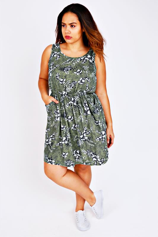 Green Botanical Palm Print Sleeveless Dress With Pockets Plus Size 14 to 32