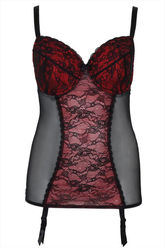 Black & Red Lace Underwired Chemise With Suspenders